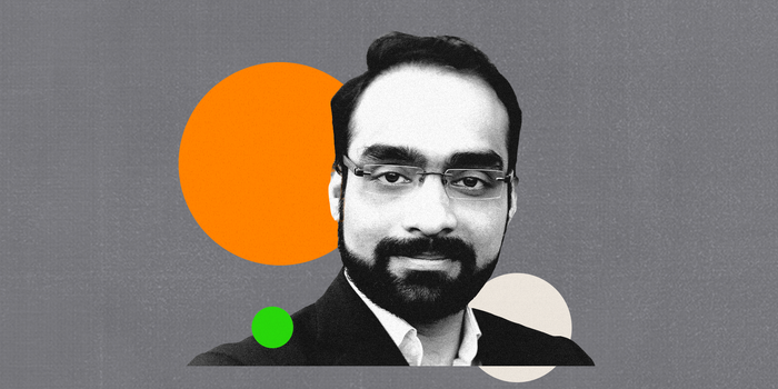 A black-and-white headshot of the author in front of a collaged background with orange, green, and white circles.