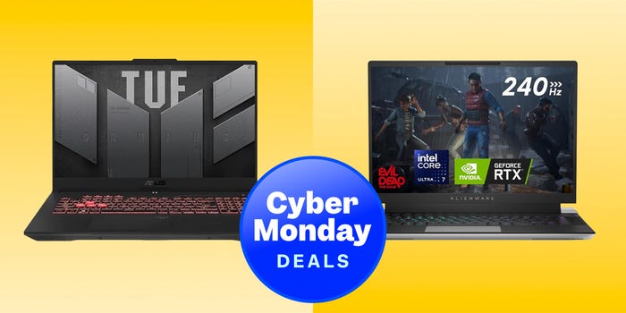 A side-by-side graphic for best Cyber Monday gaming laptop deals with an Asus TUF laptop next to an Alienware X16 R2 laptop on a yellow gradient background with a Cyber Monday badge on the bottom center.