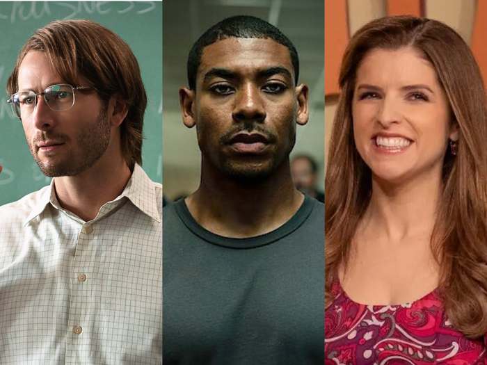 left: glen powell in hit man, wearing glasses; center: aaron pierre in rebel ridge; right: anna kendrick in woman of the hour