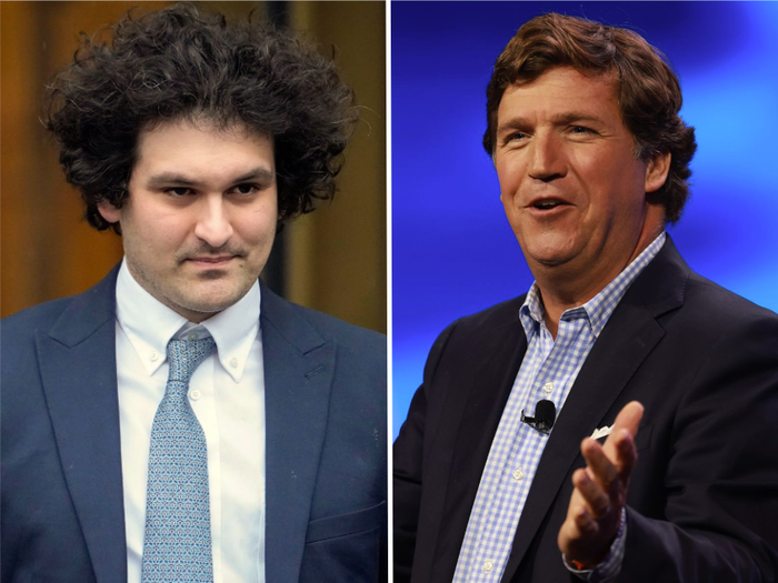 A split image of Sam Bankman-Fried and Tucker Carlson.