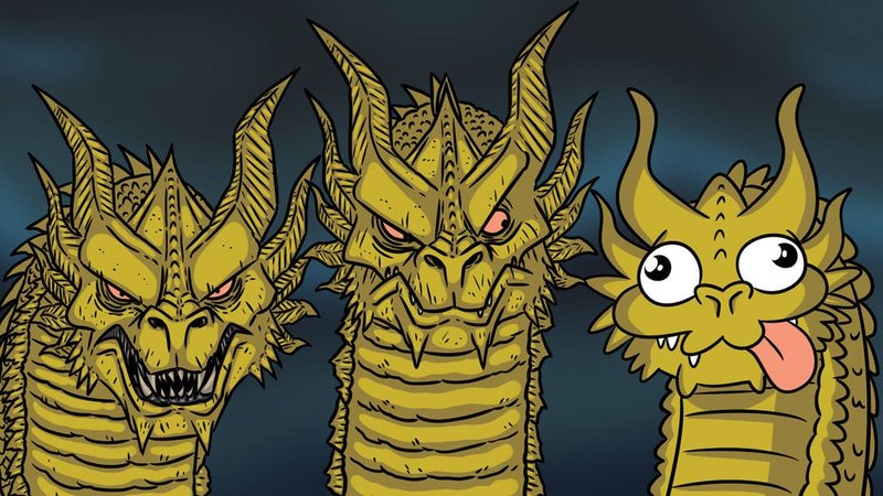 two menacing dragon heads a third one that looks dopey