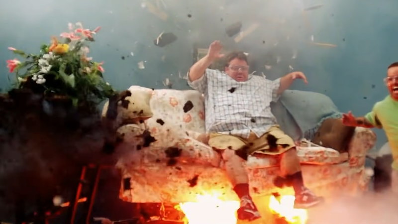 Jackass Couch Explosion meme format and reaction GIF.