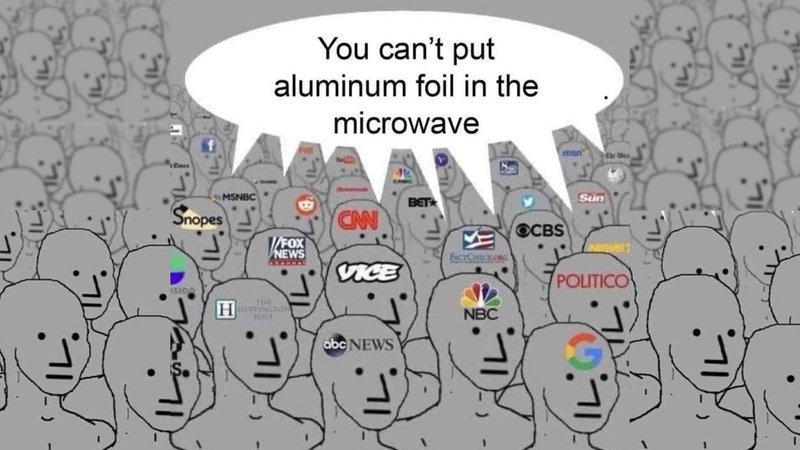 NPC Wojak Crowd meme format and example depicting various news and media outlets labeled on the grey wojaks.