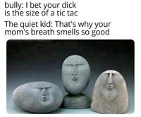 bully: I bet your d--- is the size of a tic tac The quiet kid: That's why your mom's breath smells so good