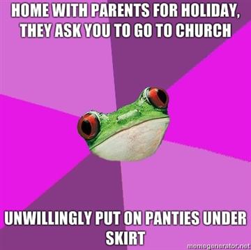 HOME WITH PARENTS FOR HOLIDAY, THEY ASK YOU TO GO TO CHURCH UNWILLINGLY PUT ON PANTIES UNDER SKIRT