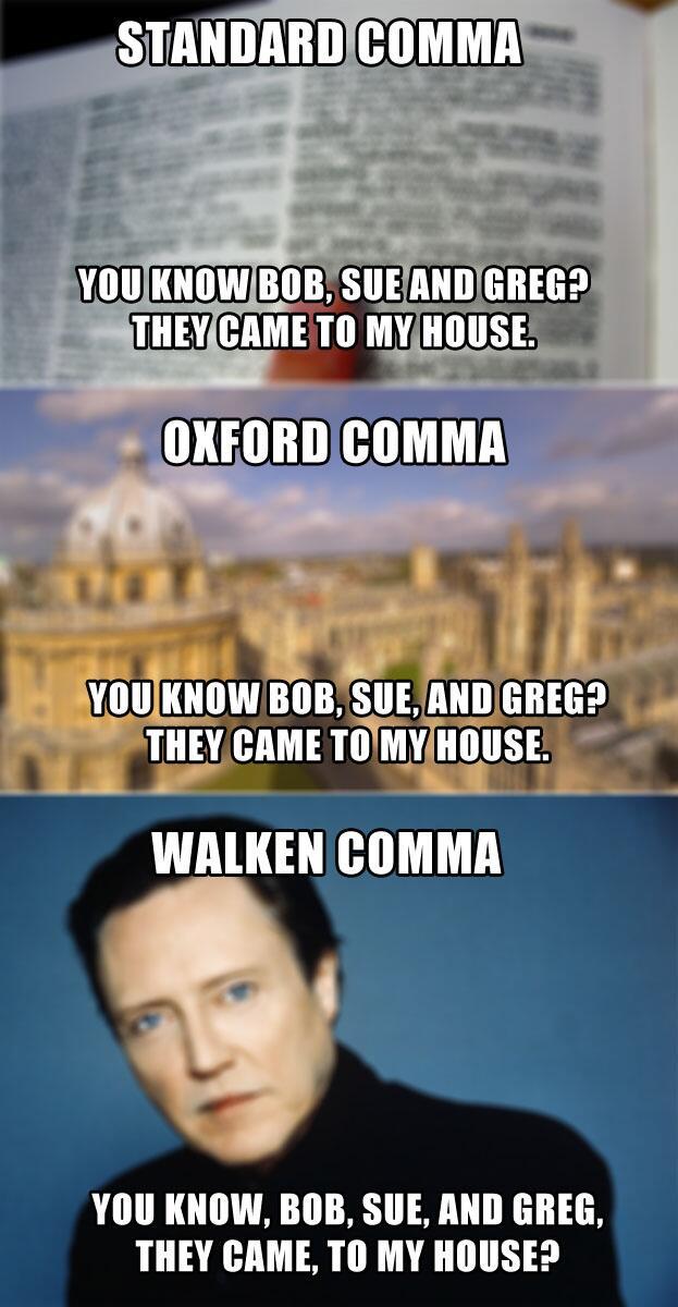 STANDARD COMMA YOU KNOW BOB, SUE AND GREG? THEY CAME TO MY HOUSE YOU KNOW BOB, SUE, AND GREG? THEY CAME TO MY HOUSE WALKEN COMMA YOU KNOW, BOB, SUE, AND GREG, THEY CAME, TO MY HOUSE?