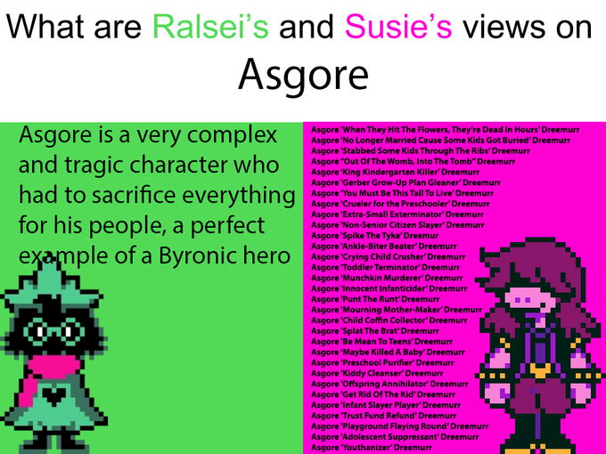 What are Ralsei's and Susie's views on Asgore Asgore 'When They Hit The Flowers, They're Dead In Hours' Dreemurr Asgore 'No Longer Married Cause Some Kids Got Buried' Dreemurr Asgore 'Stabbed Some Kids Through The Ribs' Dreemurr Asgore "Out Of The Womb, Into The Tomb" Dreemurr Asgore King Kindergarten Killer' Dreemurr Asgore 'Gerber Grow-Up Plan Gleaner' Dreemurr Asgore 'You Must Be This Tall To Live' Dreemurr Asgore 'Crueler for the Preschooler' Dreemur Asgore 'Extra-Small Exterminator' Dreemurr Asgore 'Non-Senior Citizen Slayer Dreemurr Asgore 'Spike The Tyke'Dreemur Asgore 'Ankle-Biter Beater' Dreemurr Asgore 'Crying Child Crusher' Dreemurr Asgore Toddler Terminator' Dreemurr Asgore 'Munchkin Murderer' Dreemurr Asgore 'Innocent Infanticider' Dreemurr Asgore Punt The R Asgore 'Mourning Mother-Maker' Dreemurr Asgore 'Child Coffin Collector' Dreemurr Asgore Splat The Brat' Dreemurr Asgore Be Mean To Teens' Dreemurr Asgore 'Maybe Killed A Baby' Dreemurr Asgore 'Preschool Purifier' Dreemurr Asgore 'Kiddy Cleanser' Dreemurr Asgore 'Offspring Annihilator' Dreemurr Asgore 'Get Rid Of The Kid' Dreemurr Asgore 'Infant Slayer Player' Dreemurr Asgore 'Trust Fund Refund' Dreemurr Asgore 'Playground Flaying Round' Dreemurr Asgore 'Adolescent Suppressant' Dreemurr Asgore 'Youthanizer' Dreemurr and tragic character whoe had to sacrifice everything ol for his people, a t example of a Byronic hnn te unt' Dreemurr