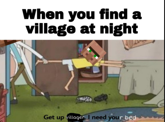 When you find a village at night Get up villager, I need your bed