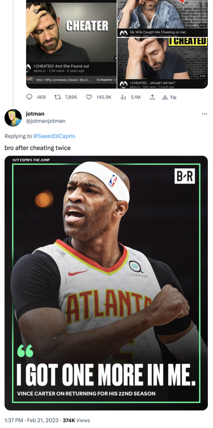 I CHEATED! And She Found out alpha m. 1.1M views 5 years ago CHEATER Intro | Why somebody cheats | My st... 468 17,896 jotman @jotmanjotman H/T ESPN'S THE JUMP Replying to @SaeedDiCaprio bro after cheating twice 5 chapters 145.9K 1:37 PM. Feb 21, 2023 374K Views 3 My Wife Caught Me Cheating on Her. alpha m. 118K views 11 months ago I CHEATED... should I tell her? alpha m. 52K views 1 month ago Tip ₁5.1M ATLANT I CHEATED B-R I GOT ONE MORE IN ME. VINCE CARTER ON RETURNING FOR HIS 22ND SEASON 9:42 6:04 ⠀ :