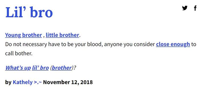 Lil' bro f Young brother, little brother. Do not necessary have to be your blood, anyone you consider close enough to call bother. What's up lil' bro (brother)? by Kathely >.~ November 12, 2018