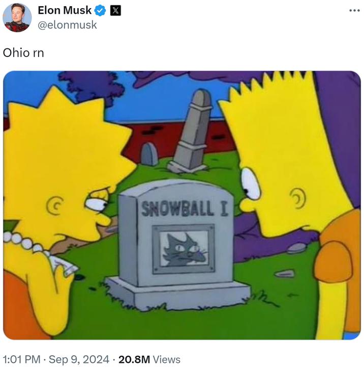 Elon Musk @elonmusk Ohio rn X SNOWBALL I • 1:01 PM Sep 9, 2024 20.8M Views