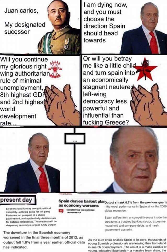 I am dying now, and you must choose the direction Spain should head towards Juan carlos, 4 My designated sucessor Will you continue my glorious right wing authoritarian rule of minimal unemployment, 8th highest GD and 2nd highes world development Or will you betray me like a little chil and turn spain into an economically stagnant neutere left-wing democracy less powerful and influential than f------ Greece? present day Spain denies bailout plaOutput shrank 0.7% from the previous quarte as economy worsens the worst performance in Spain since the 2009 instability-with big gains for left party Podemos, no prospect of a stable govermment, and a potentially decisive role for Catalan nationalists. The real test will be deepening resistanc, argues Andy Durgan Spain suffers from uncompetitiveness inside the eurozone, a troubled banking sector, excessive household and company debts, and harsh The downturn in the Spanish economy worsened in the final three months of 2012, as output fell 1.8% from a year earlier, official data has indicated. As the euro crisis shakes Spain to its core, thousands of young Spanish professionals are leaving their homeland in search of employment. The result is a mass exodus of young, educated Spaniards"a massive brain drain, the