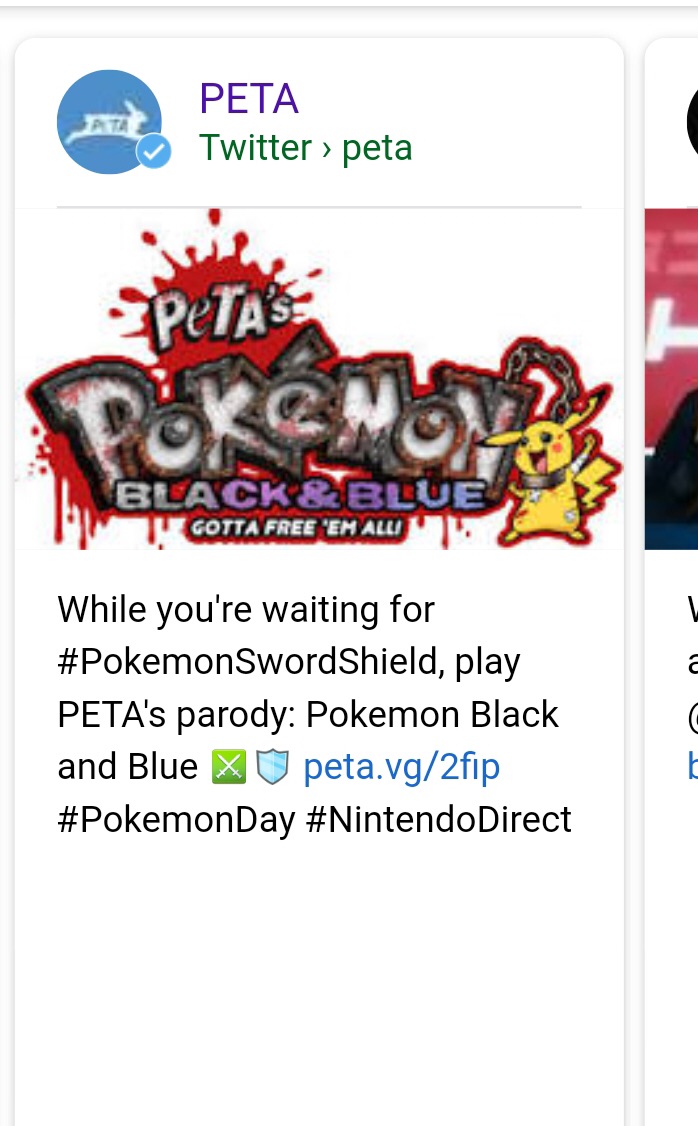 PETA Twitter> peta BLACK&BLUE GOTTA FREE 'EM ALL While you're waiting for #PokemonSwordShield, play PETAs parody: Pokemon Black and Blue peta.Vg/2fip #PokemonDay #NintendoDirect