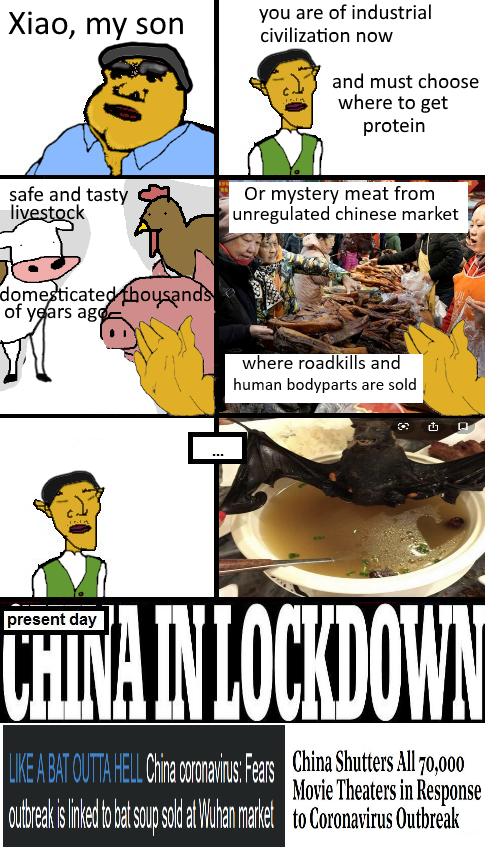 you are of industrial civilization now Xiao, my son and must choose where to get protein Or mystery meat from unregulated chinese market safe and tasty liveştock domesticated fhousands of years ago- where roadkills and human bodyparts are sold CHINA INLOCKDOWN present day LIKE A BAT OUTTA HELL China conavins Fears China Shutters All 70,000 Movie Theaters in Response tsoup sold at Wuhan market to Coronavirus Outbreak oubrakis inle o a