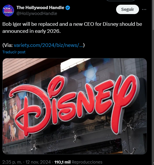 The Hollywood Handle @HollywoodHandle Seguir Bob Iger will be replaced and a new CEO for Disney should be announced in early 2026. (Via: variety.com/2024/biz/news/...) Traducir post 2:35 p. m. - 12 nov. 2024 - 110,1 mil Reproducciones