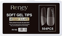 Типсы для ногтей, акриловые, прозрачные, 504 шт. Reney Cosmetics Soft Gel Tips Medium Square RX-180