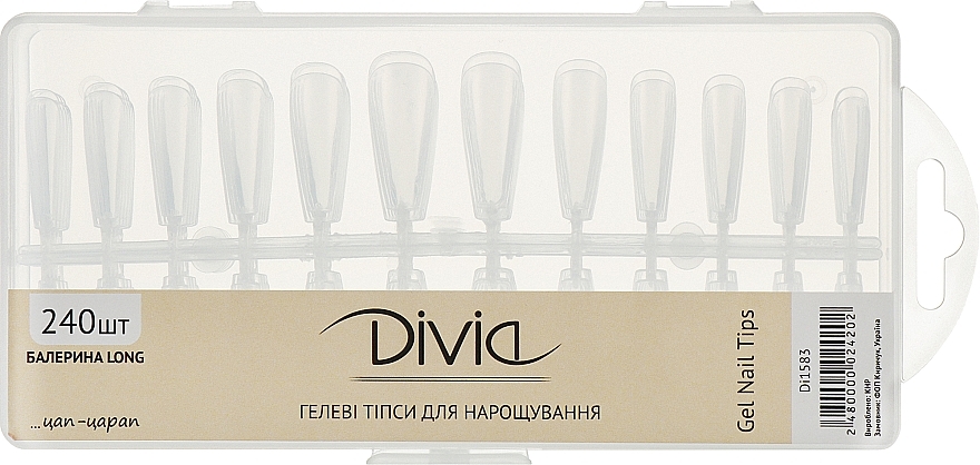 Гелевые типсы для наращивания ногтей "Балерина" Di1583 - Divia Gel Nail Tips Ballerina Di1583