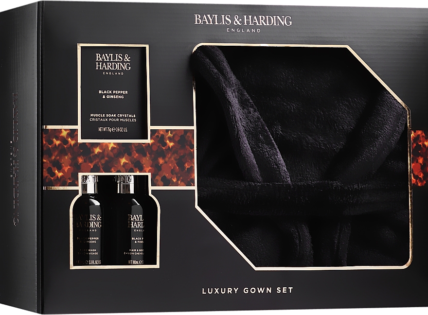 Set - Baylis & Harding Black Pepper & Ginseng Signature Collection (sh/gel/100ml + f/wash/100ml + crystals/75g + bathrobe)