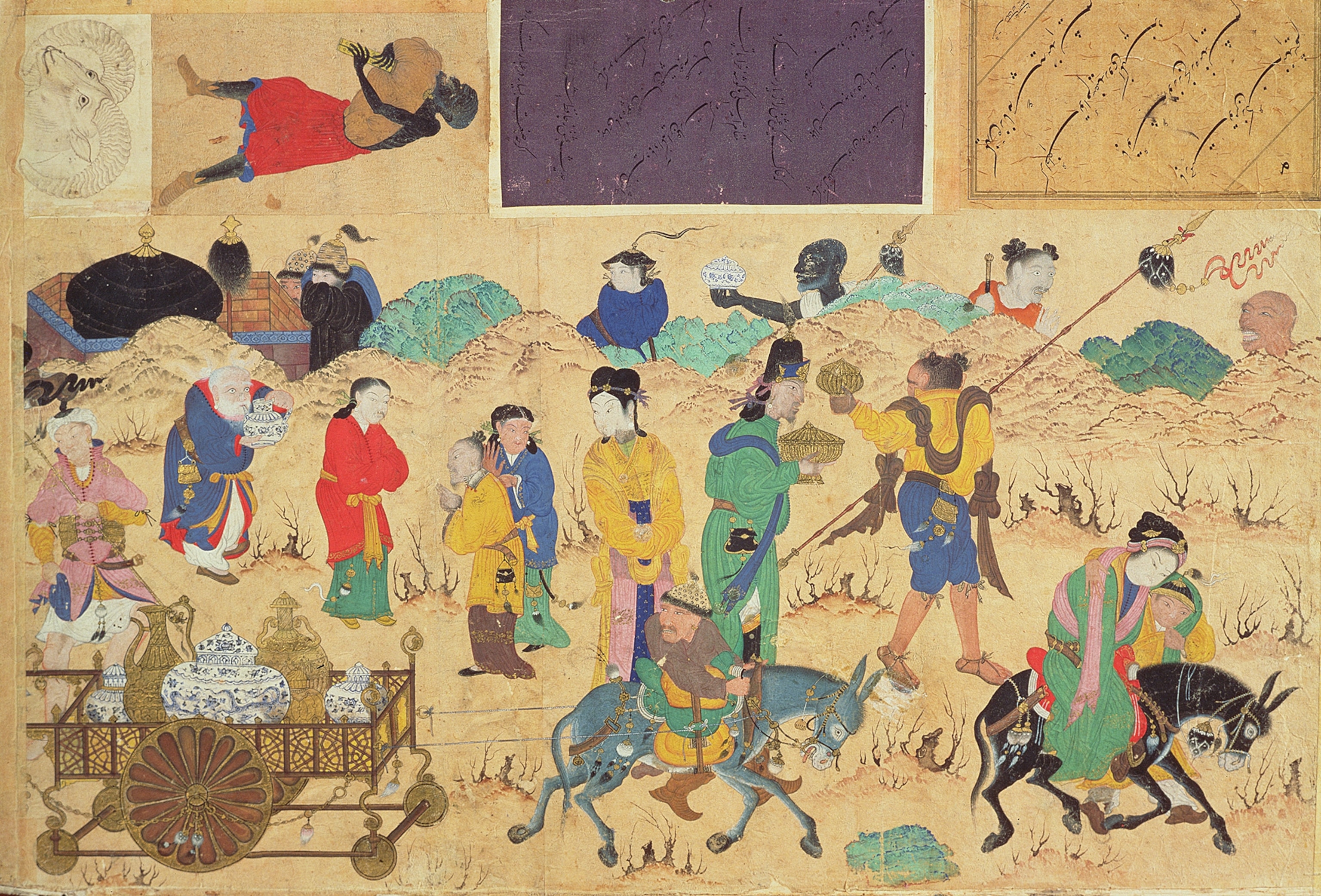 An illustration with people trading detailed ceramic vases and riding donkeys.