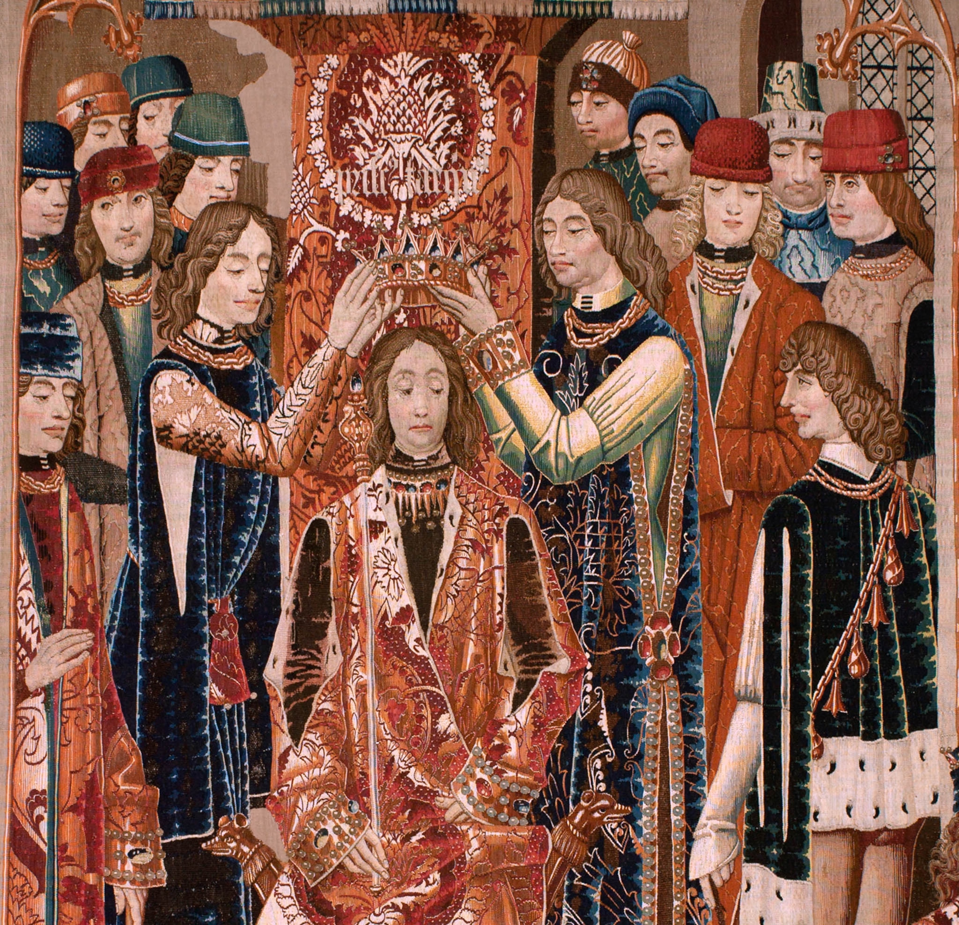 The fifth king of Rome is portrayed in a silk and wool Flemish tapestry.