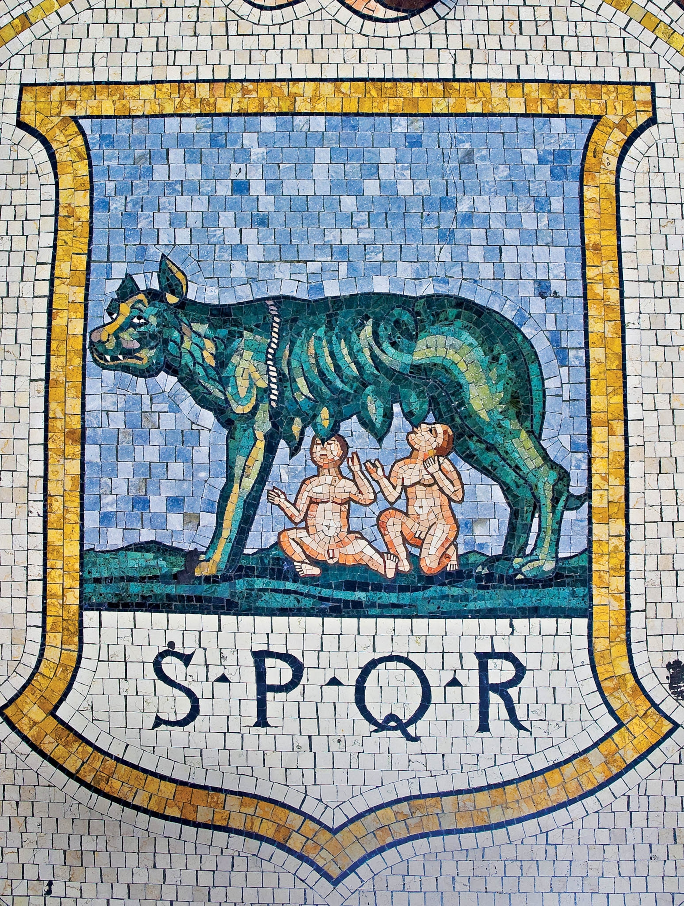 One of the mosaics on the floor of Vittorio Emanuele Gallery is one of many examples of the art inspired by the legend of Romulus and Remus.