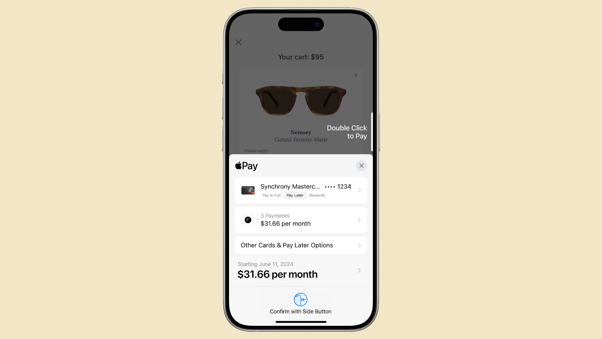 iPhone screenshot showing pay later options on phone's screen when purchasing sunglasses.