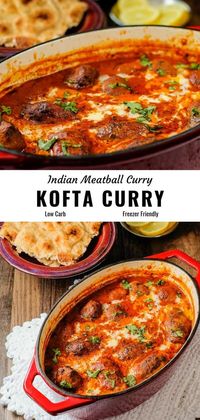 Kofta curry is a delicious dish of succulent grilled or broiled beef meatballs in a rich, creamy and spicy sauce. It is full of fragrant Indian spices and makes a great weeknight dinner. This easy low carb meatball curry recipe is also freezer friendly. Great tips for lightening up the sauce included. Make it with ground lamb or gluten free. #Indianfood #kofta #curry #beef