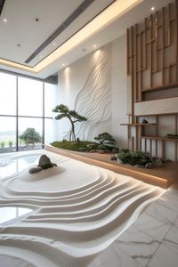 A Zen-inspired design featuring a sand garden, bonsai trees, and a tatami mat area for meditation. Soft, natural lighting ensures a calm, focused environment for creativity and reflection.