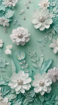 Pastel color wallpaper with flowers and crystals, phone wallpaper, flowers, pastel colors, pastel green, green, mint, white flowers