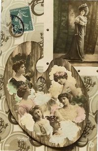 Palette (Inset; Top Left Around to Top Right):  Marguerite Brésil, Suzanne Derval, Suzanne Miéris, Yvonne Garrick, Marguerite Brésil, Aline Vallandri (Valandri), Élise de Vère.  Photos by Reutlinger.  SIP Series 1988.