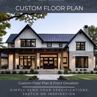 Custom Home Design created with your personalized specifications. 25 Years experience!  Let me help you design your dream home, vacation home, tiny home or barndominium.  Easy process & you'll receive your custom house floor plan and front elevation within 5 business days once we receive your specifications and details.  How does it work?   1. Complete your order. 2. Send us a message with a sketch & answers to the following questions:   - Number of bedrooms / Bathrooms - Total square footage (3