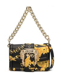 black/gold-tone faux leather all-over logo print chain-link print baroque-pattern print logo-buckle detail gold-tone hardware internal logo plaque foldover top with magnetic fastening detachable shoulder strap detachable chain-link top handle main compartment