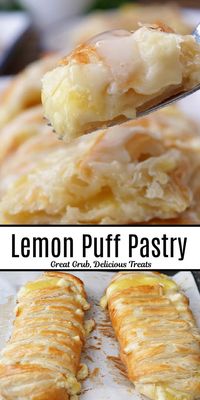 Lemon Puff Pastry is loaded with a sweet cream cheese mixture and delicious lemon pie filling, wrapped up in a puff pastry, baked to flaky perfection, and drizzled with glaze.