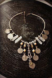 Tribal Coin & Pearl Cascade Necklace- Raw Quartz Points Tribal Fusion Kuchi Belly Dance Tribal Bellydance