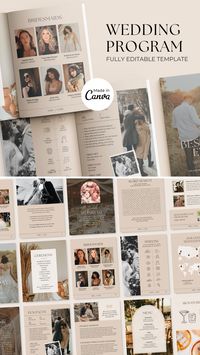 Get these wedding program templates to tell your love story and impress your guests! Inform your guests about wedding day timeline, your love story, key people involved, and dinner menu, etc.