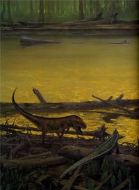 Desmatosuchus encounters Postosuchus. Artwork by Douglas Henderson