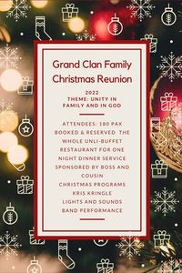 Theme: "Unity in Family and In God"
Confirmed attendees: 163 pax
Private live streaming accessible only to clan family members around the world. 
Photobooth.
Caricaturist.
Christmas programs.
Video presentations.
Kris Kringle. 
Band Performances.
Complete.