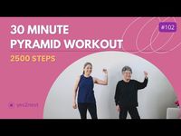 This 30 minute pyramid-style walking workout will improve your cardiovascular system, balance, and endurance. There are six exercises added one at a time in six rounds and then subtracted one at a time in five rounds.