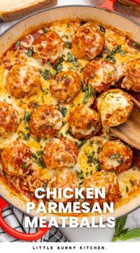 Chicken Parmesan Meatballs are easy to make with ground chicken, simmered in a flavorful tomato sauce and topped with melty mozzarella cheese.