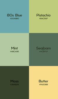 This Color Palette is springy, bright & playful for all your color inspiration needs! This one is reminiscent of the sea & ocean  Includes: - an 80s blue - pistachio green - mint - seafoam dark green - moss dark green - light butter yellow