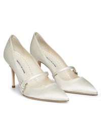 Manolo Blahnik's Ramima pumps are crafted in Italy from a luxurious satin. The pair features a 90mm heel and are lined with leather for a comfortable fit. Point toe Slips on Satin upper Leather lining Leather sole Made in Italy SIZE Heel: about 3.5 (90mm) ABOUT THE BRAND