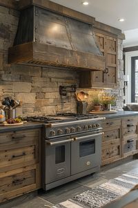 Rustic eco kitchen design featuring reclaimed wood cabinets and natural stone floors. A vintage cast iron stove, updated for better energy efficiency, serves as the heart of the space, complemented by handmade ceramic tiles as backsplash