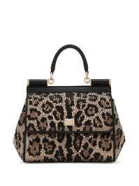 small Sicily crystal-embellished tote bag from DOLCE & GABBANA featuring black/multicolour, calf leather, silk blend, all-over leopard print, animal print, gold-tone logo plaque, internal logo plaque, crystal embellishment, gold-tone hardware, foldover top with magnetic fastening, adjustable detachable shoulder strap, single top handle and main compartment.