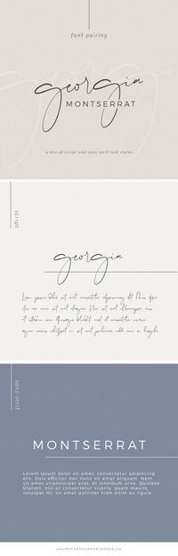 Free Font Pairings Georgia Script, Montserrat, Audrey Font, Muli, Google fonts. Choosing the proper font combination will give you either a luxurious, modern, traditional, feminine or even masculine feel. Silhouette Cameo Fonts, Cricut Explore Fonts, Crafting Fonts, Graphic Design Fonts, Script Fonts, Handwritten Fonts, Calligraphy Fonts, Fun Fonts, #handwritten #fonts #fontpairing #designer #logodesign