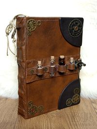 Victorian Alchemist's book. Steampunk notebook - cogs and gears Brown genuine leather journal with bottles, craft paper, handdrawn bookmarks