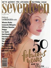 Sixteen-year-old supermodel Laetitia Casta sported a perfectly coiffed wavy ‘do on our October 1994 cover. Seventeen was celebrating its fiftieth birthday that year! Look closely and you’ll spot orange ombre tips on Laetitia; Seventeen was way ahead of the ombre trend!