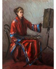 Self-portrait in Red Robe. Oil on Panel, 30 x 40 cm.