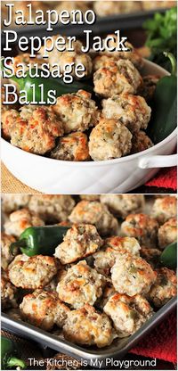 Jalapeno Pepper Jack Sausage Balls ~ Spice up those classic sausage balls with Pepper Jack and pickled jalapeno! Jalapeno Pepper Jack Sausage Balls bring the heat to everyone's favorite little party nibble. They're perfect for game day, snacking, or any party. www.thekitchenismyplayground.com