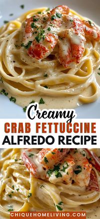 Indulge in the ultimate comfort food with this Creamy Crab Fettuccine Alfredo!  Rich, buttery Alfredo sauce pairs perfectly with tender crab meat and fettuccine for a decadent dish that's easy to make yet fancy enough for special occasions. Perfect for seafood lovers and anyone craving a restaurant-quality meal at home!