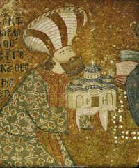 Mosaic detail of Theodore Metochites (presenting model of the church to Jesus), Chora, Istanbul.